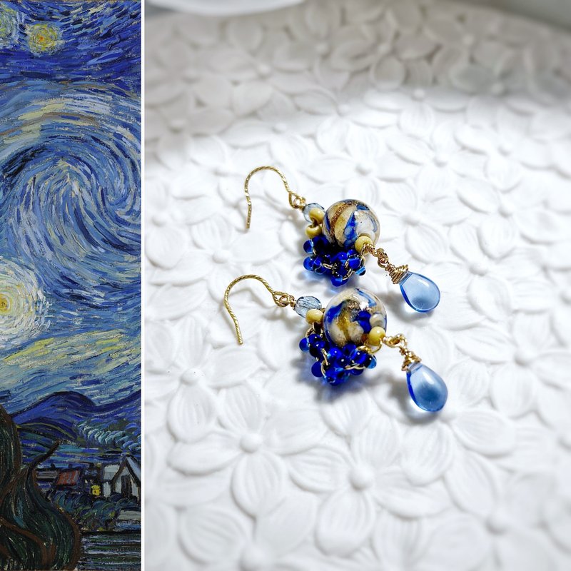 【艺术家】【印象派】梵谷。星夜。琉璃耳环 - 耳环/耳夹 - 琉璃 蓝色