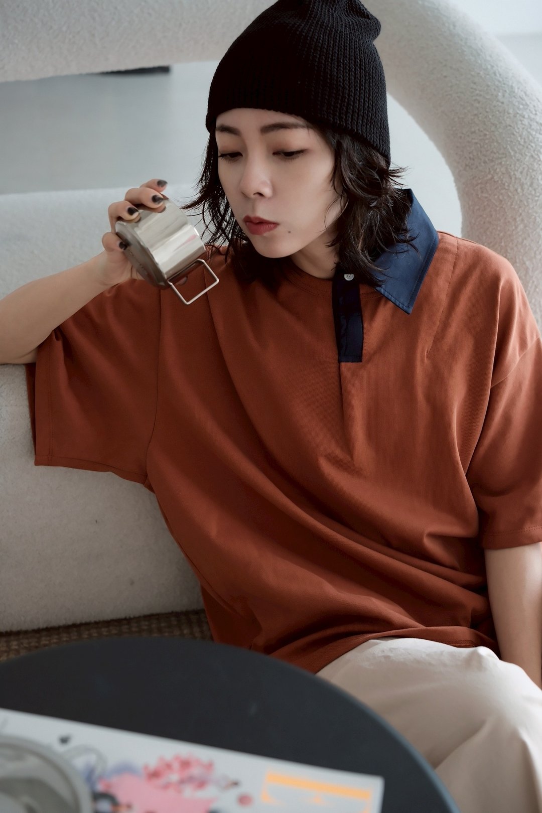 解构衬衫变型领拼TEE - 女装 T 恤 - 棉．麻 橘色