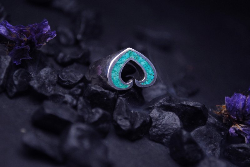 Artdeco /手作银饰/戒指/xm4nj/ 绿松石黑桃 - 戒指 - 纯银 银色