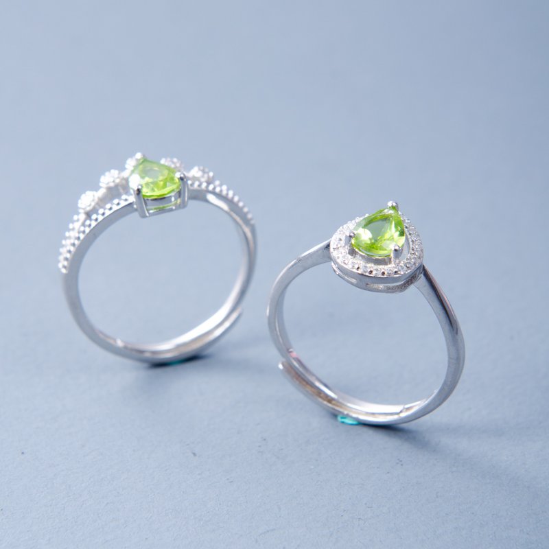 橄榄石925纯银戒指 | 天然宝石纯银镶钻绿色水晶可调节指环礼物 - 戒指 - 宝石 绿色