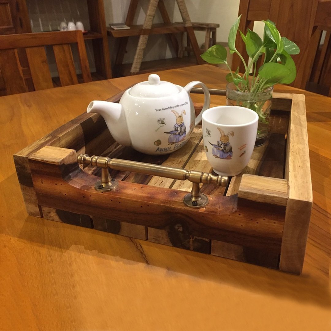 【吉迪市100%原木家具】LT-083D 铜把手正方原木托盘 实木 茶盘 - 托盘/砧板 - 木头 咖啡色