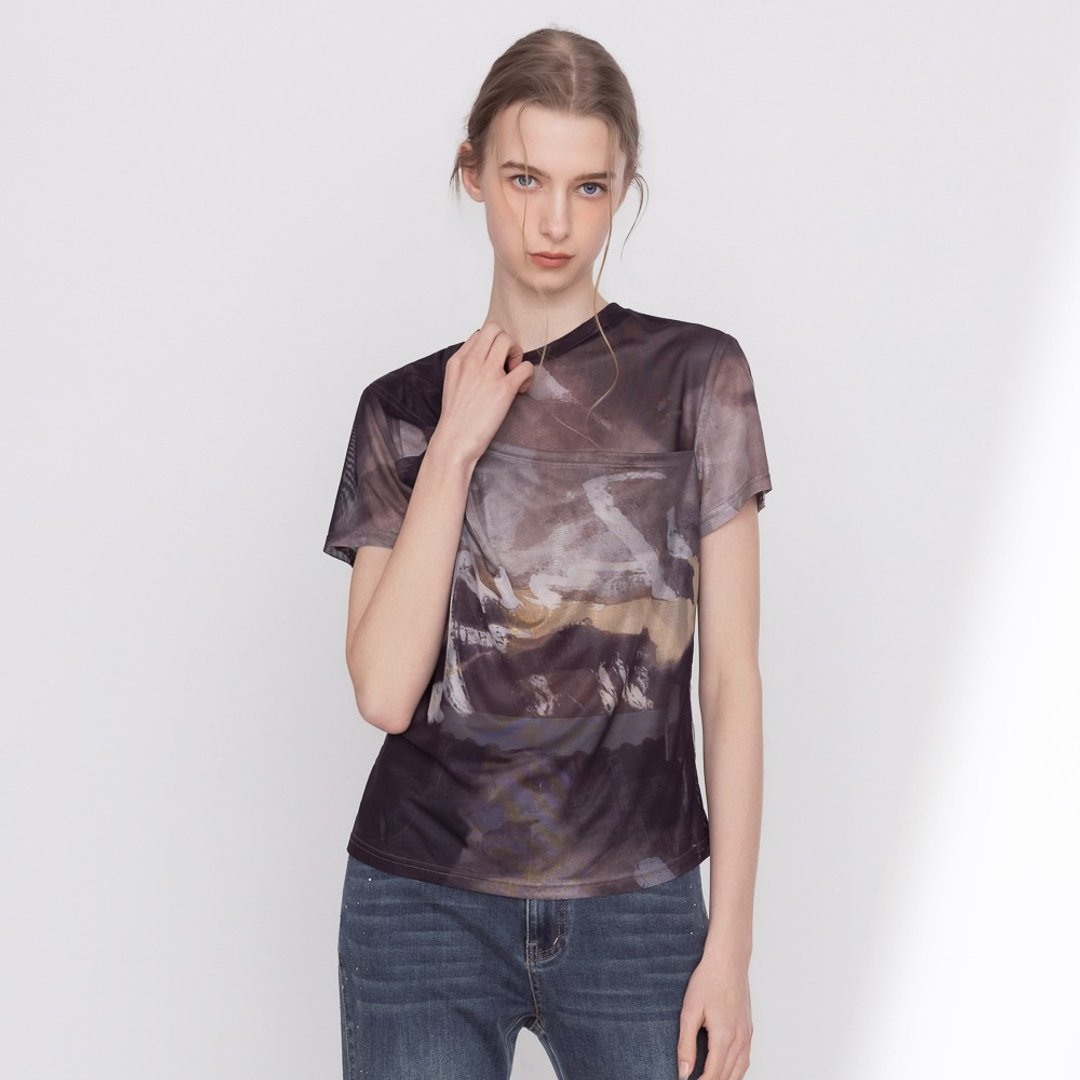【MEDUSA】泼墨晕染层次感扭结网布上衣 (M-XL) | 晕染上衣 女 T 恤 - 女装 T 恤 - 尼龙 咖啡色
