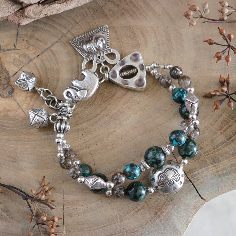 民族风绿龙晶凤凰石大象手链 搭配泰银 水晶设计款 手作纯银饰品 - 手链/手环 - 水晶 咖啡色