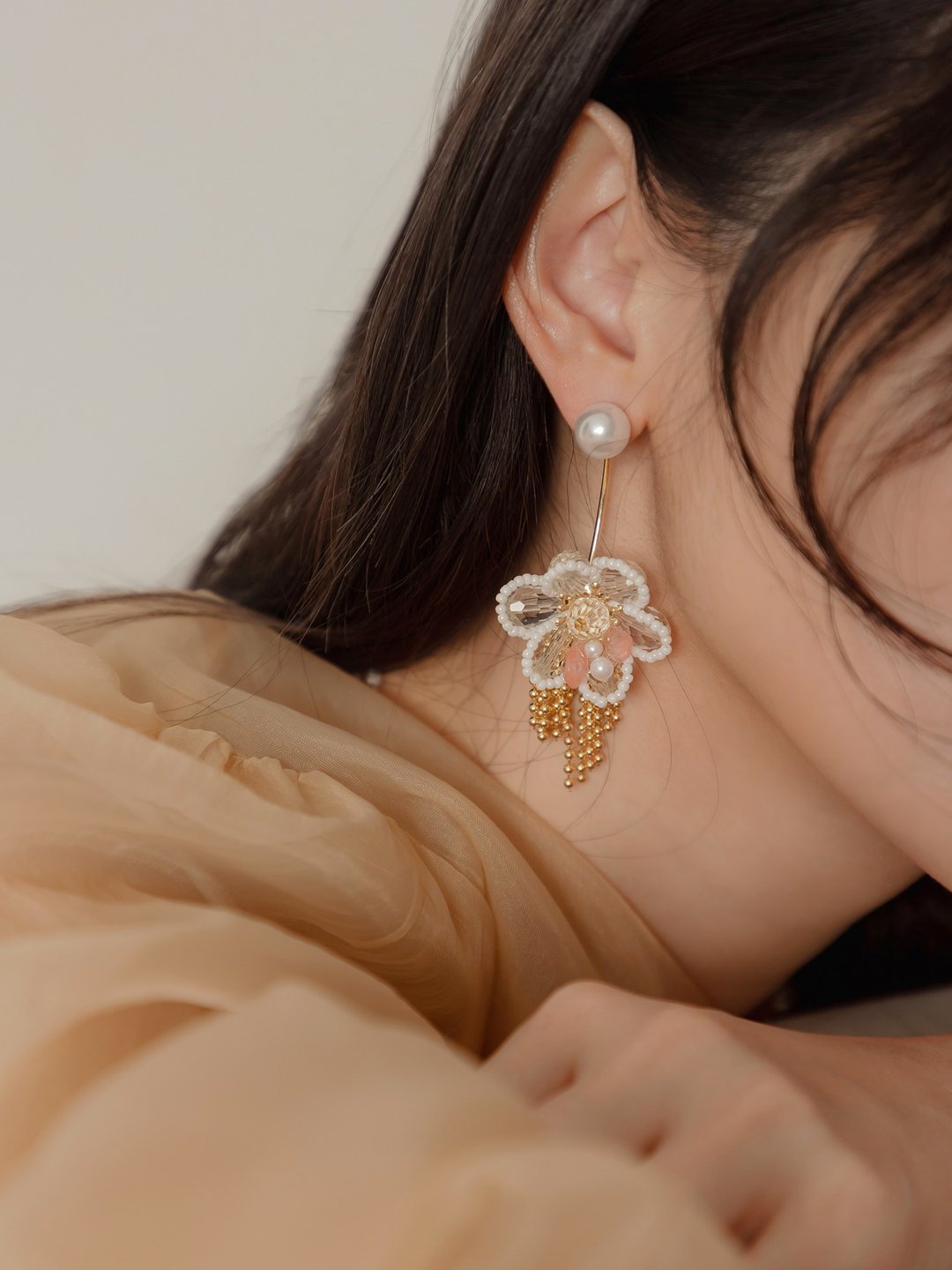 红色画布。(2way)MUCHAT手作14KGP西瓜晶珠花纯银针耳环 - 耳环/耳夹 - 其他金属 