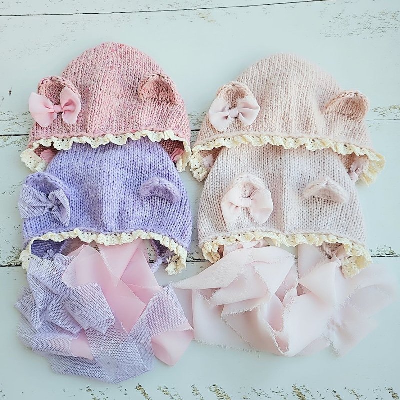 蕾丝的新生儿熊帽/针织婴儿拍照道具 - 婴儿饰品 - 羊毛 粉红色