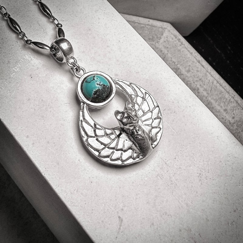 9mm湖北绿松石 埃及猫神银制吊坠 - 项链 - 纯银 