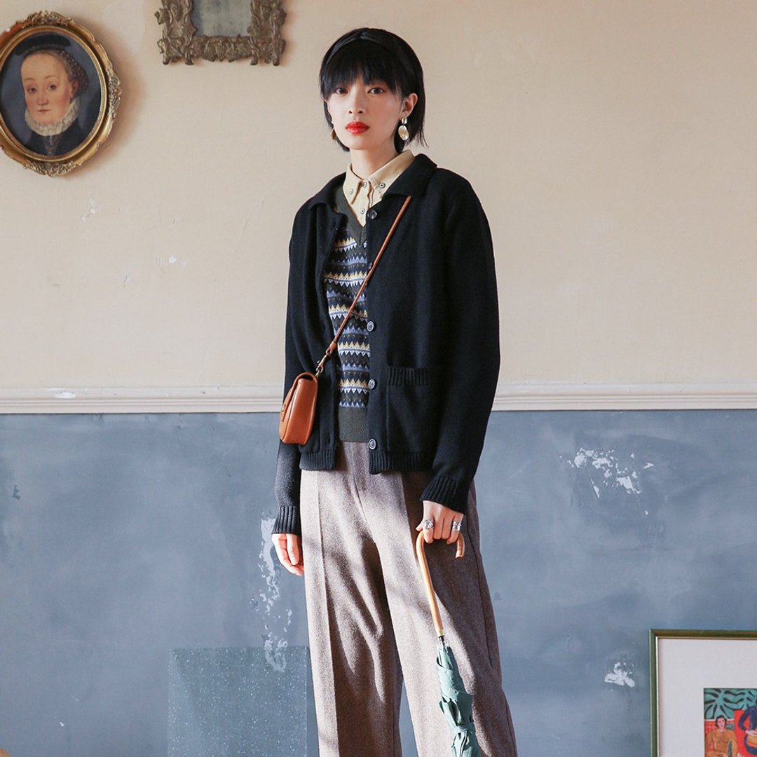 日系复古小众短款开衫-黑色|毛衣|冬款|羊毛混纺|Sora-417 - 女装针织衫/毛衣 - 羊毛 黑色