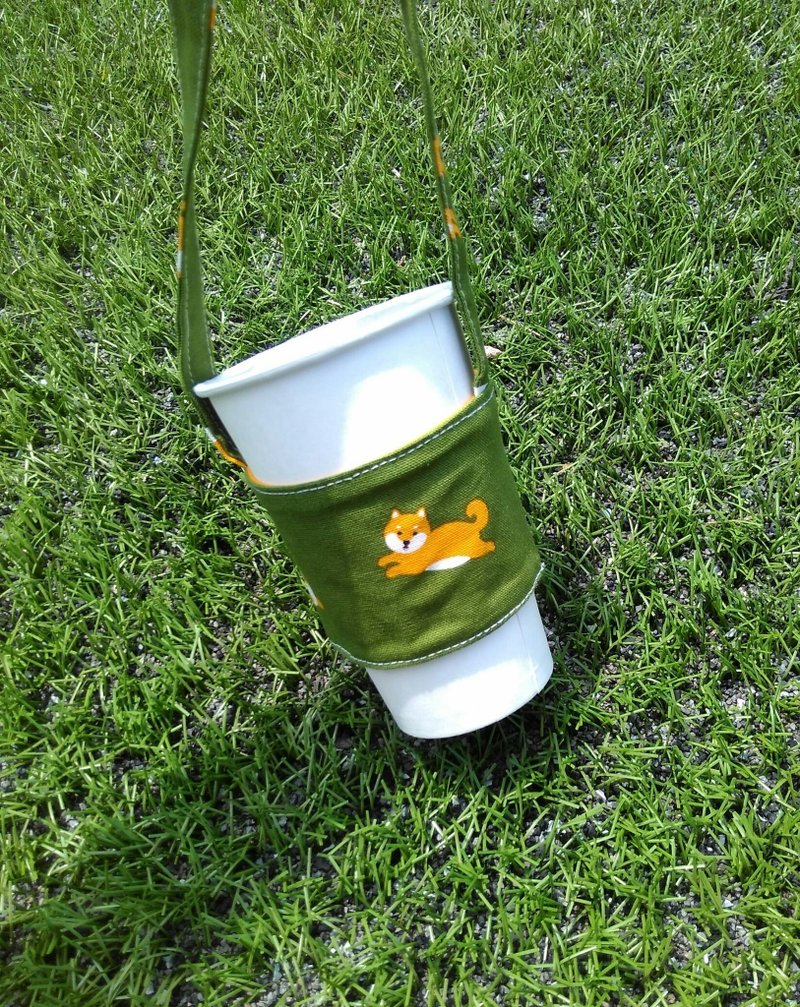 柴犬抹茶 I 最后三个 l 松紧 提袋 饮料提袋 - 随行杯提袋/水壶袋 - 棉．麻 绿色