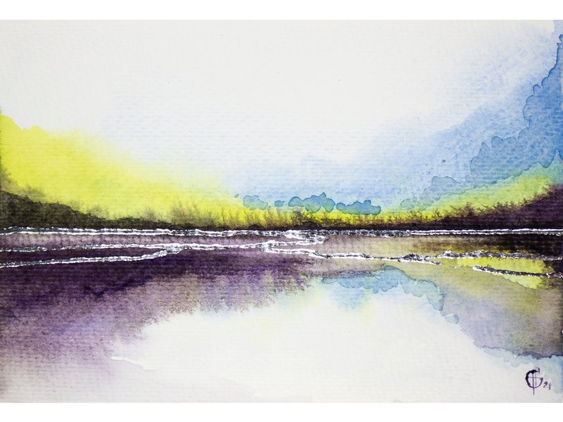 Lavender Field Painting Abstract Landscape Original Art Purple Watercolor Art - 海报/装饰画/版画 - 纸 紫色