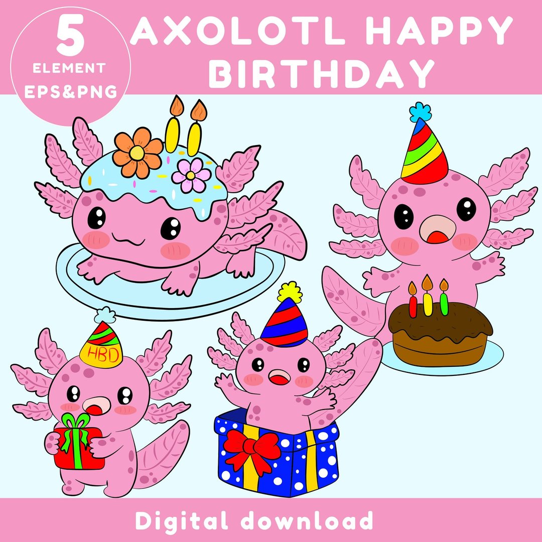 Axolotl 生日快乐 插画图案 | PNG + EPS 数位档案 - 电子手绘真人画像/绘画/插画 - 其他材质 