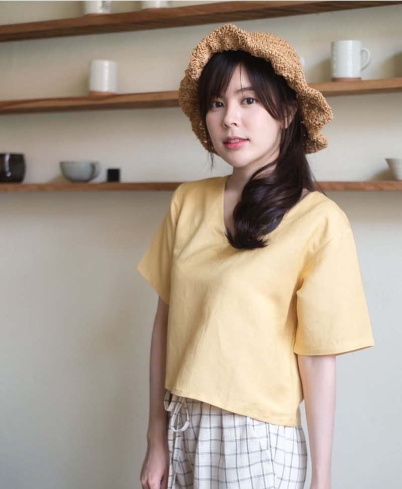RIBBON CROP TOP - Yellow - 女装上衣 - 棉．麻 黄色