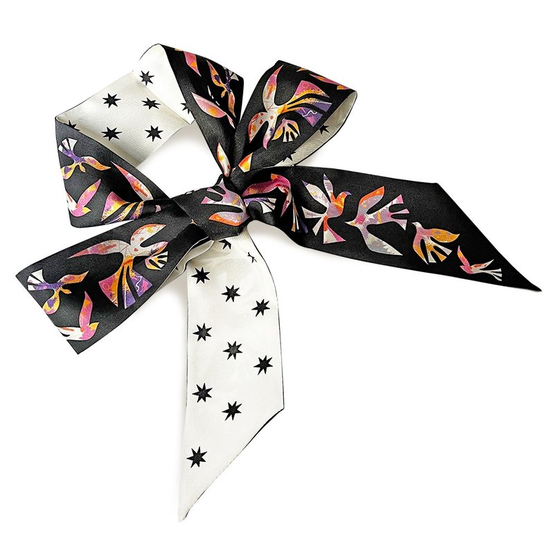 100%桑蚕丝真丝窄领巾/丝巾/飘带/包柄带/发带::飞鸟星星双拼 - 丝巾 - 丝．绢 黑色