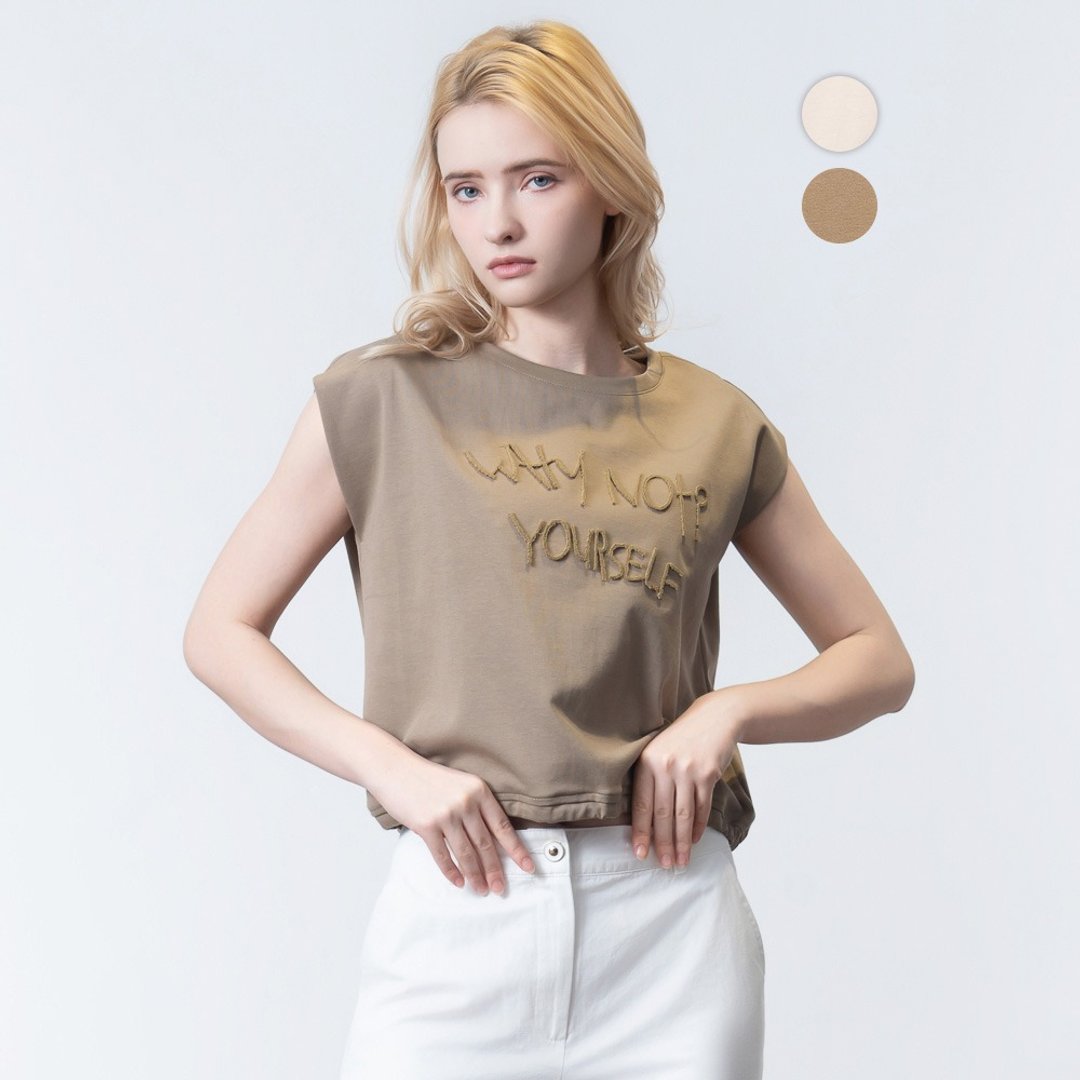 【MEDUSA】毛毛字母 阔肩简约绑绳T恤 - 2色(M-XL) | 女休闲上衣 - 女装 T 恤 - 棉 卡其色