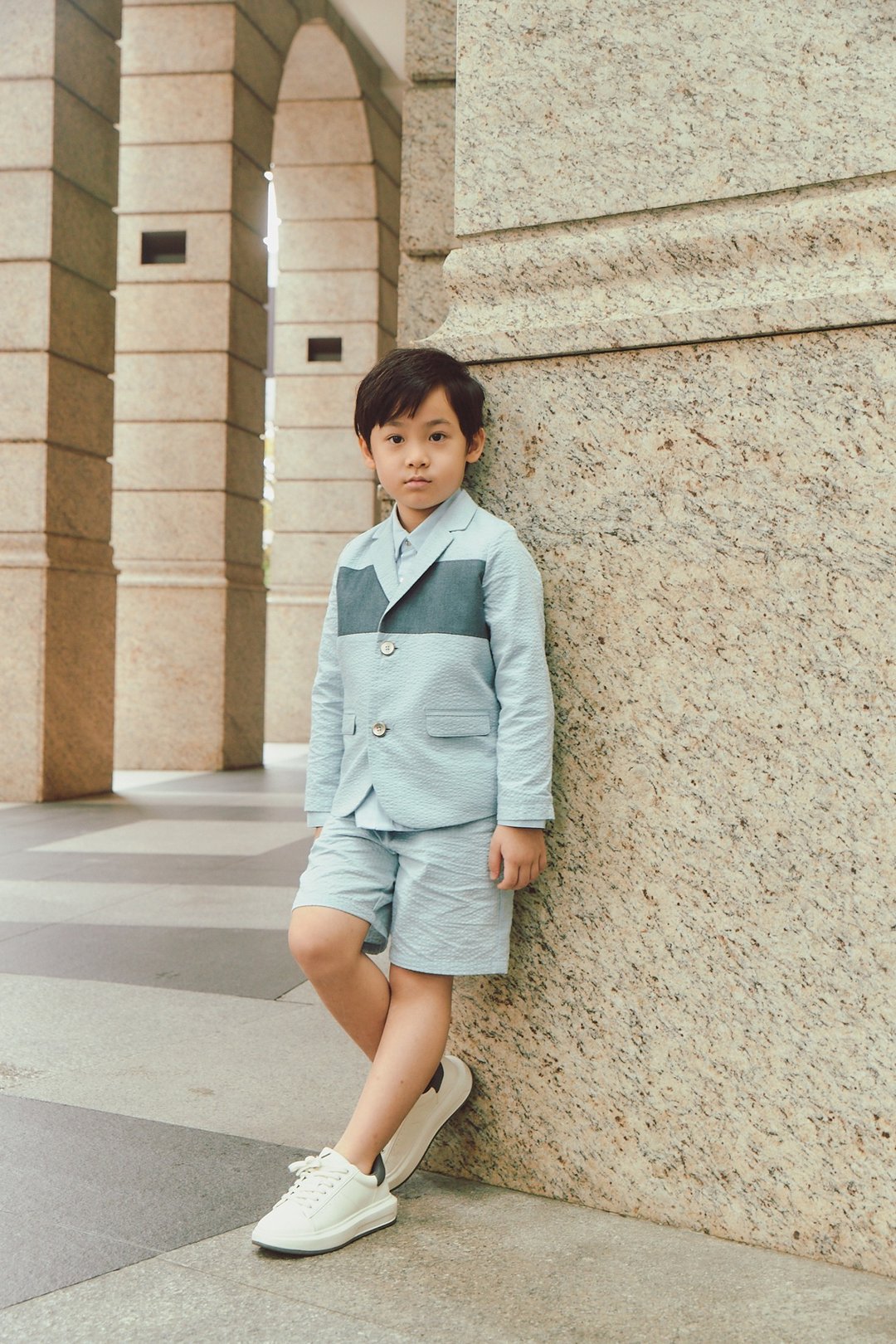 牛仔布拼接时尚西装外套 - 童装礼服/连衣裙 - 棉 灰色