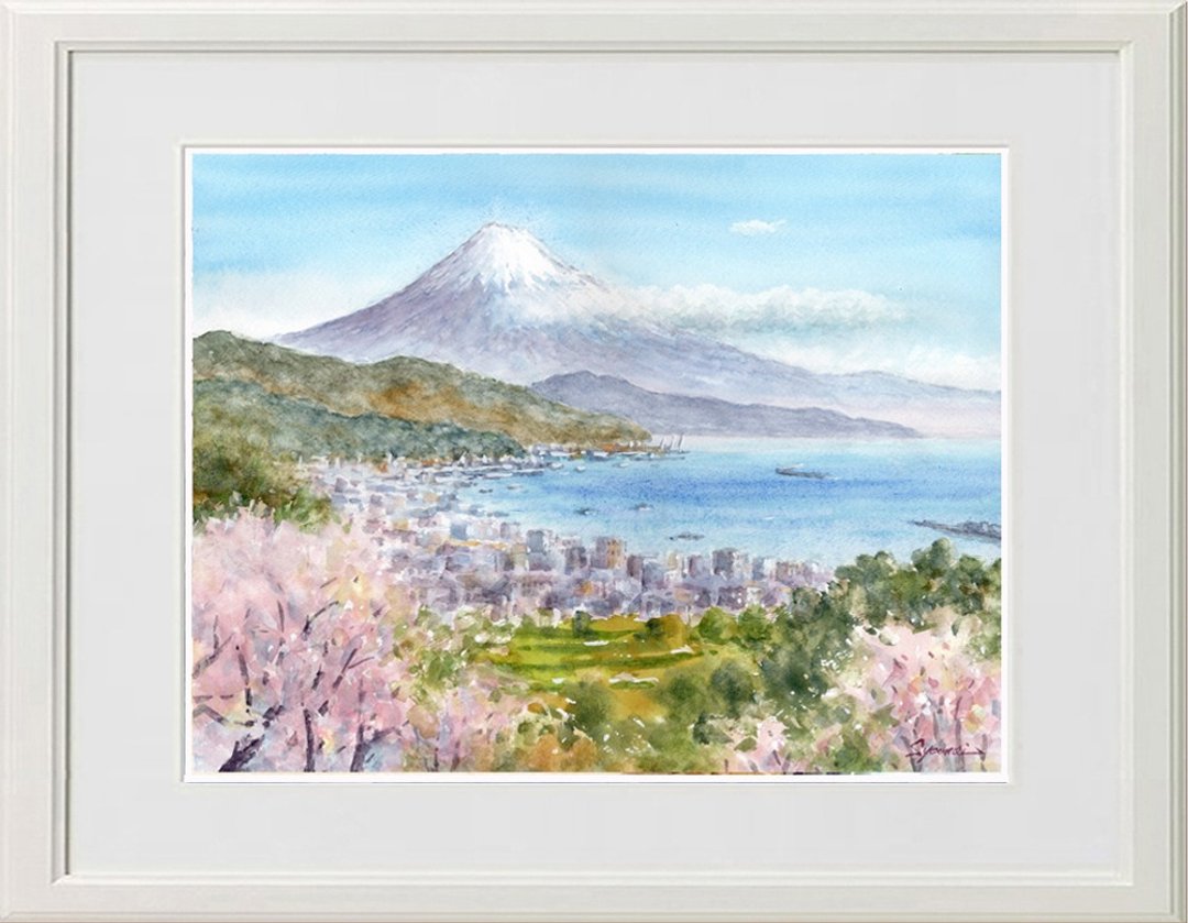 富士山与樱花・从日本平眺望 水彩画原画 - 海报/装饰画/版画 - 纸 粉红色