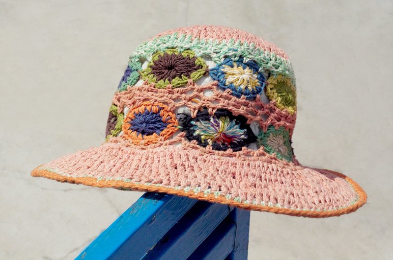 情人节礼物 限量一件 手工编织棉麻帽/编织帽/渔夫帽/草帽/遮阳帽/钩织帽 - 粉红色森林花朵编织 - 帽子 - 棉．麻 粉红色