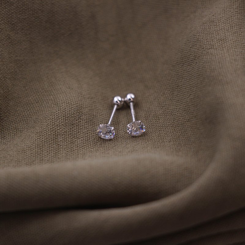 【经典必备】火柴棒 S925纯银极简锆石转珠耳钉 睡觉免摘养耳洞 - 耳环/耳夹 - 纯银 白色