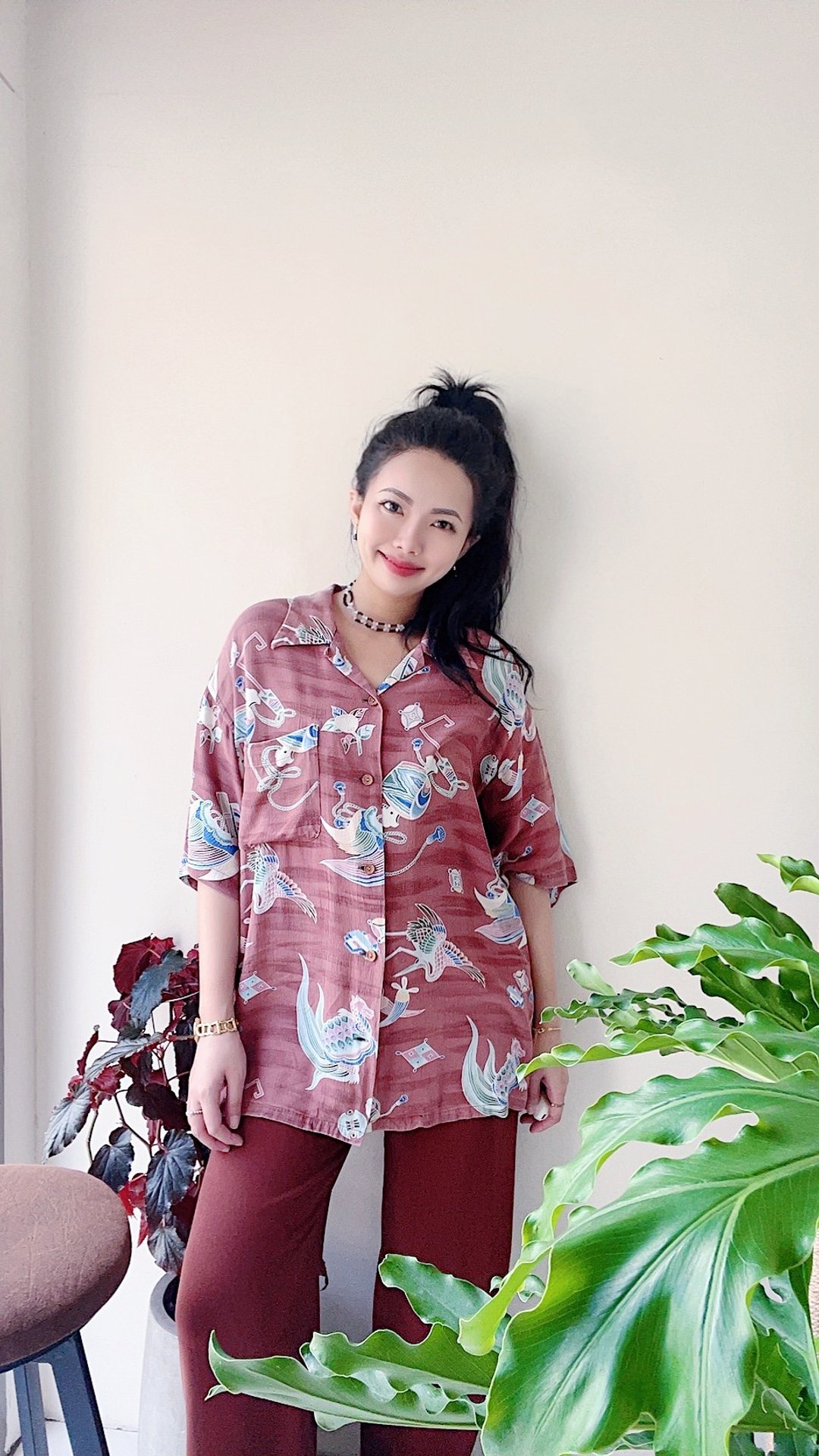 灰藕粉椰子扣 丝质薄料夏威夷衬衫上衣罩衫shirt vintage 古着 - 女装衬衫 - 丝．绢 多色