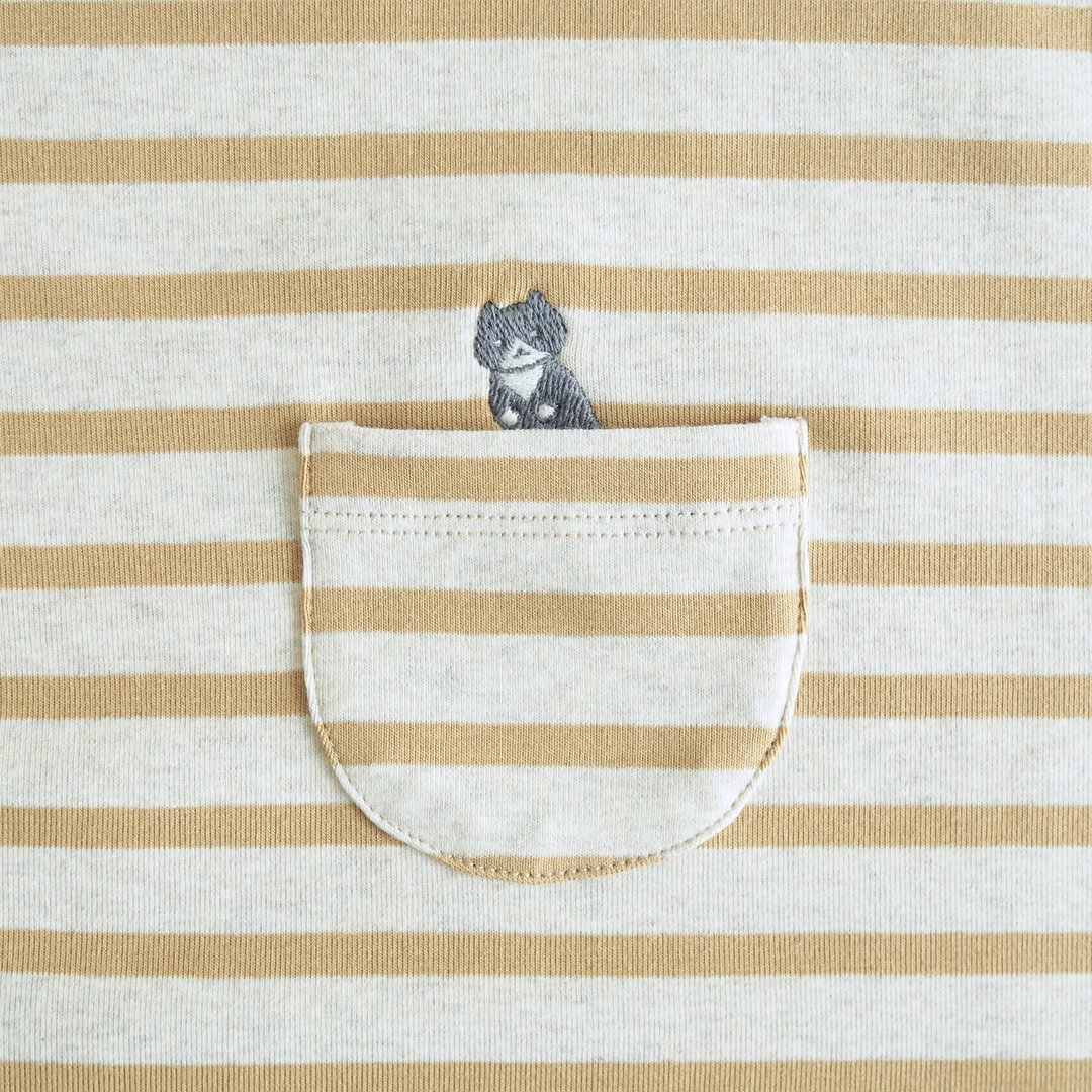 jumping cat striped t-shirt : mustard × beige - 女装 T 恤 - 棉 黄色