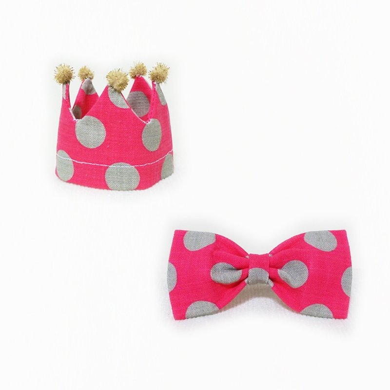 Ella Wang Design Crown 皇冠帽 + Bowtie 领结 宠物  庆生 套组 - 项圈/牵绳 - 棉．麻 红色
