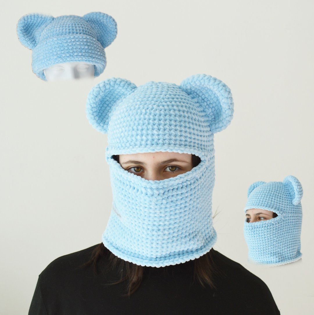Light blue bear balaclava ski mask outfit street style men women Crochet velvet - 帽子 - 棉 蓝色