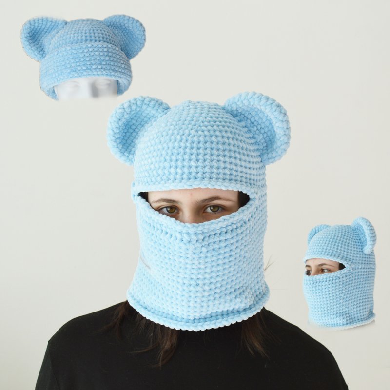 Light blue bear balaclava ski mask outfit street style men women Crochet velvet - 帽子 - 棉．麻 蓝色