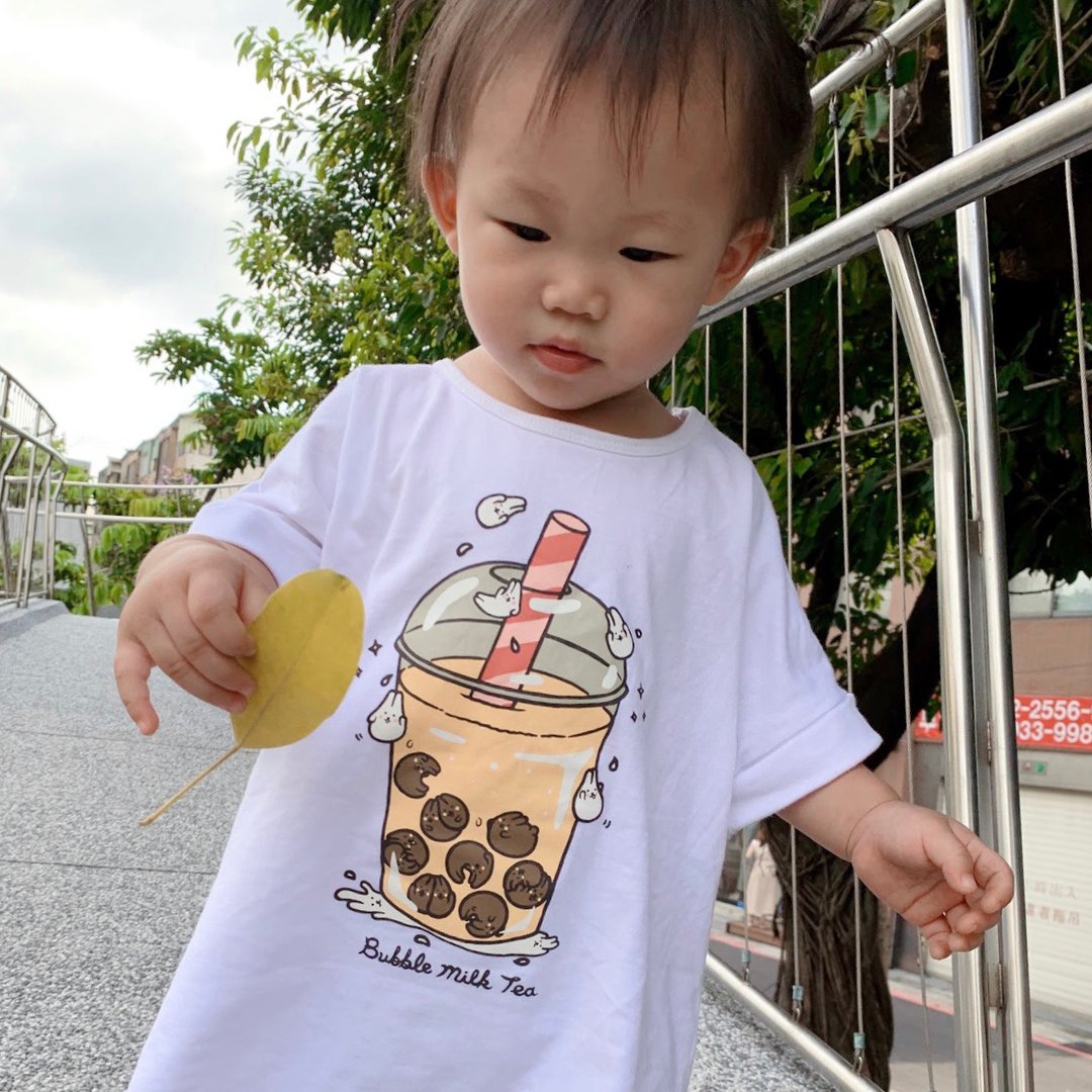 麻糬兔珍珠奶茶小孩T-shirt (白色) - 童装上衣 - 棉 白色
