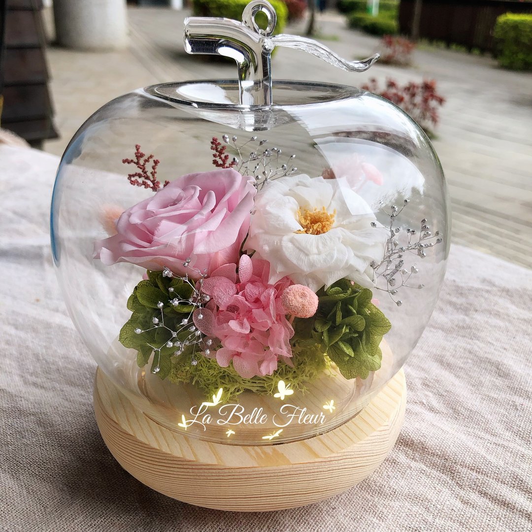 【苹果永生花玻璃盅】夜灯/干燥花/玻璃罩/生日礼物 - 干燥花/捧花 - 植物．花 粉红色