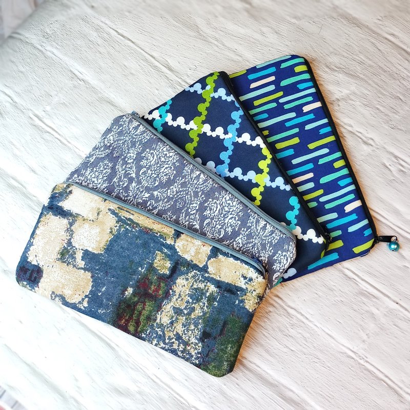 拉链收纳布包  笔袋  化妆袋  手拿包 (LSG-011) - 铅笔盒/笔袋 - 棉．麻 蓝色