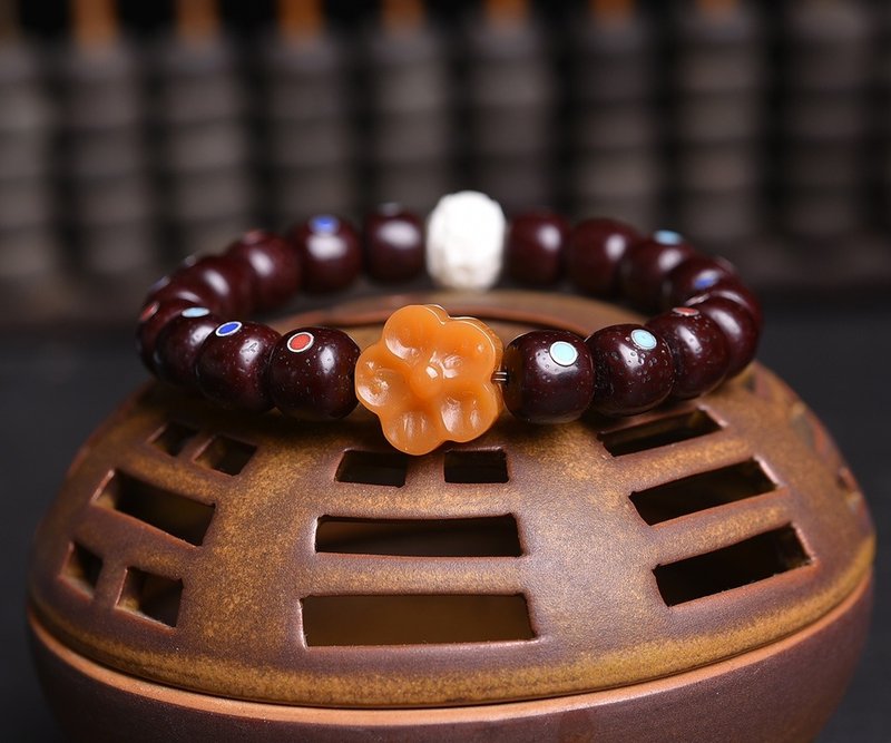 招财朱砂供星月菩提桶珠手串 银管镶嵌多宝 高端定制精挑细选 - 手链/手环 - 半宝石 