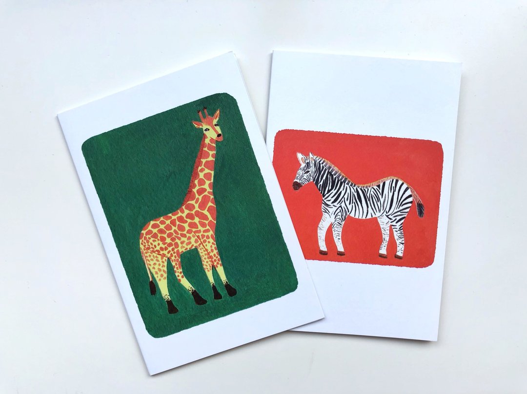 Set of 2 Animal Cards - Giraffe + Zebra. Original price was NT 285. - 卡片/明信片 - 纸 多色