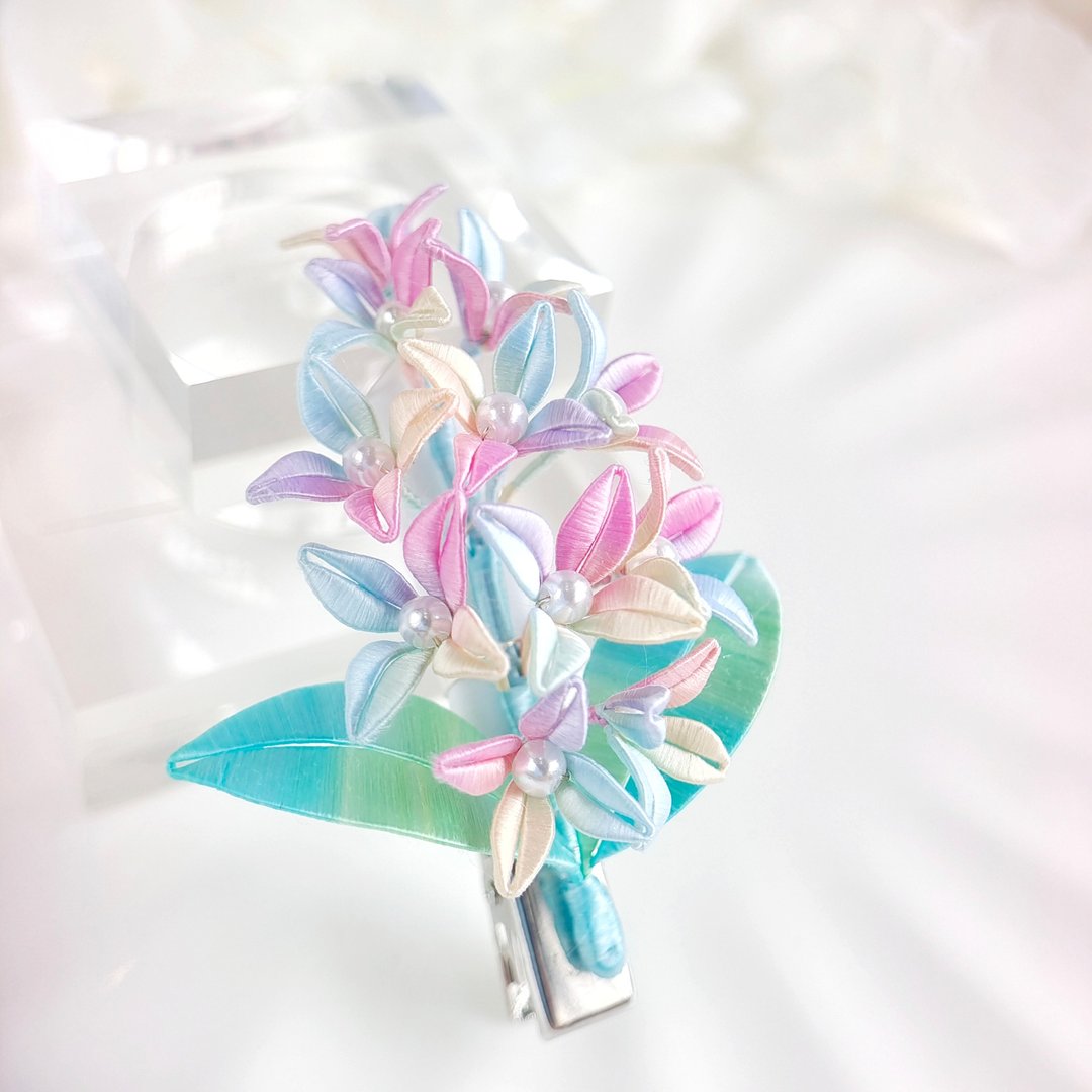 渐变绣球花发夹 缠花 春仔花 和服发饰 天然真丝 蚕丝 发夹 - 发饰 - 丝．绢 多色