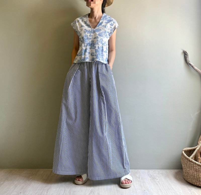 爱上大海/帅气海军蓝白直条纹长版宽裤100%棉 - 女装长裤 - 棉．麻 