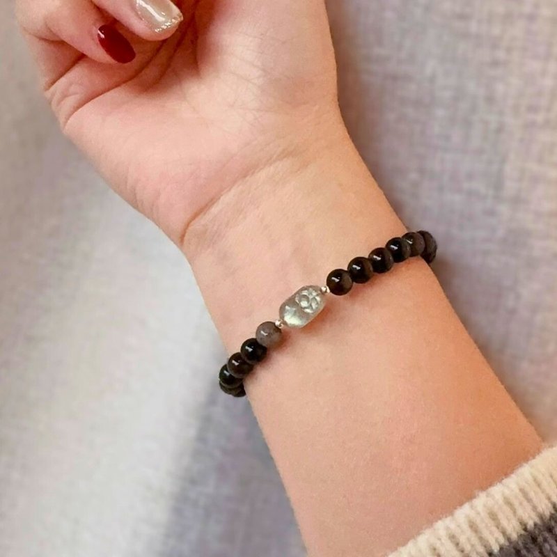 【月光貔貅】灰月光石貔貅。银曜石 - 手链/手环 - 水晶 黑色