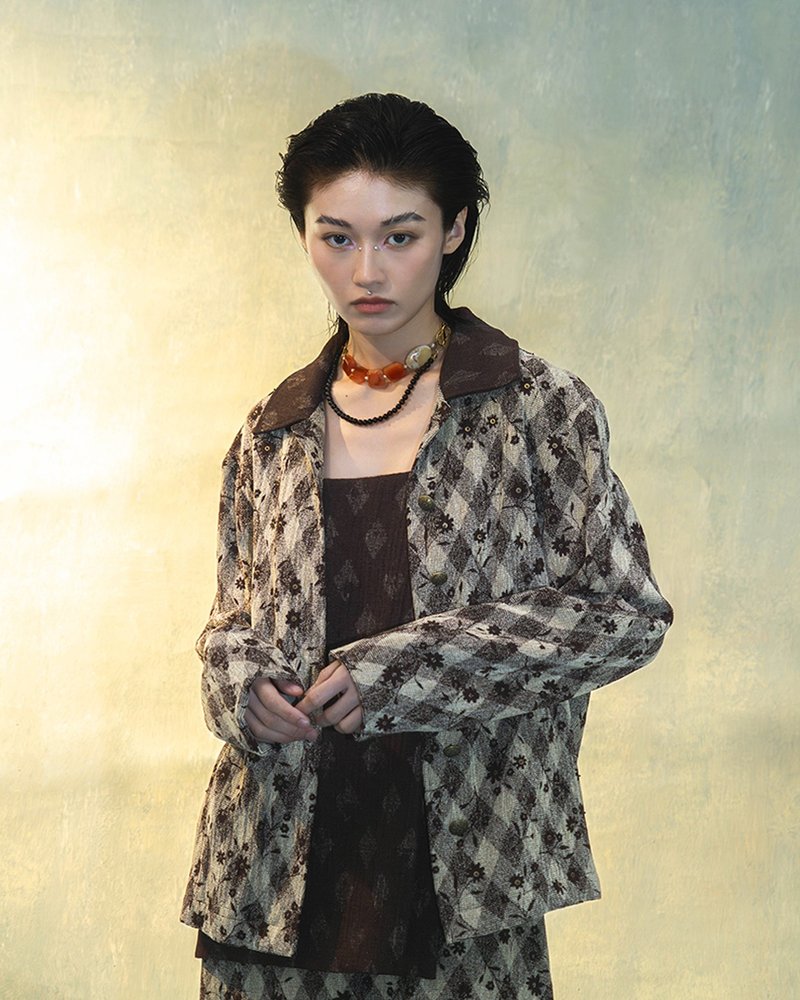 家具布碎花长袖外套 - 男装外套 - 棉．麻 咖啡色