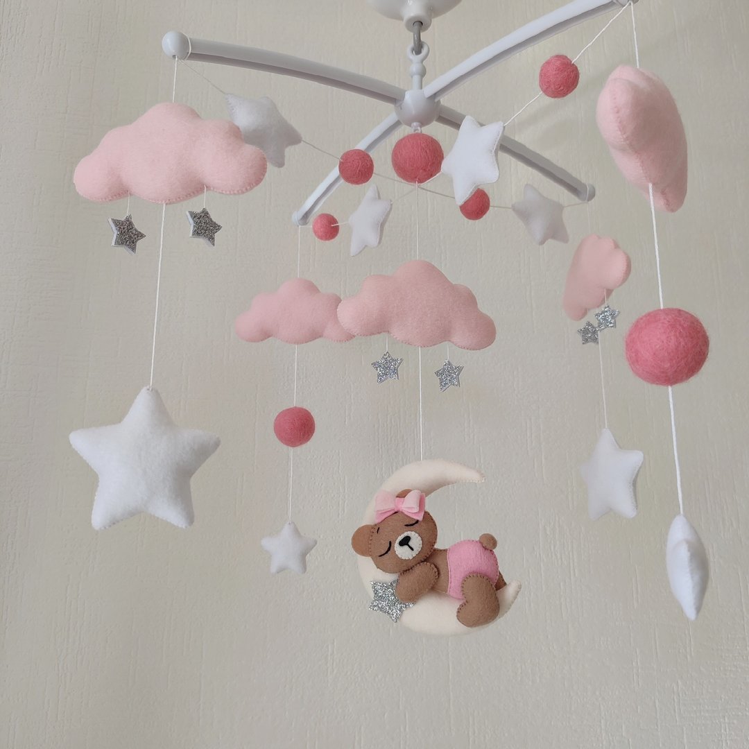 Baby mobile girl Bear on the moon nursery decor, crib mobile, baby shower gift - 玩具/玩偶 - 环保材料 绿色