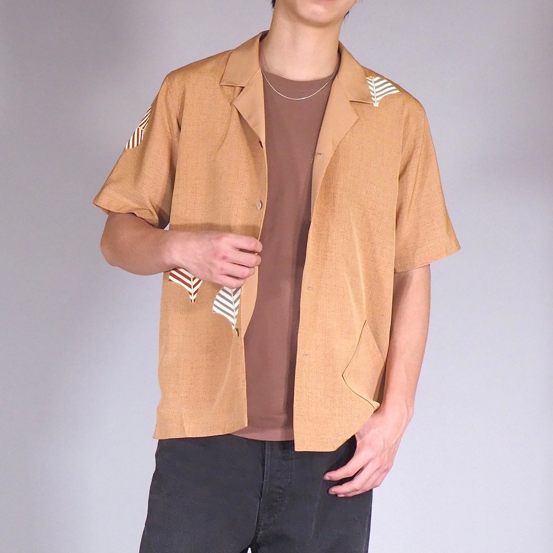 【日本制造】和服翻拍男士衬衫 M、半袖、营领、柔软丝绸 - 男装衬衫 - 丝．绢 橘色