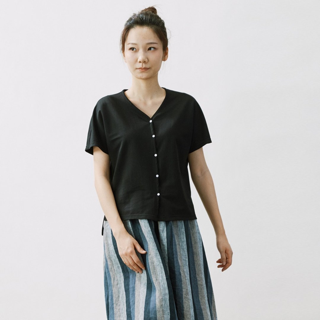 超舒適針織V領開襟TEE  SH200102 - 女装 T 恤 - 棉 黑色