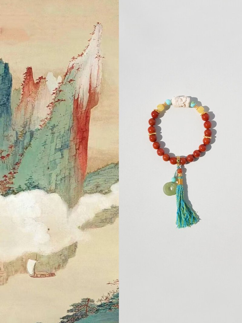 原创手工扎基拉姆猛犸南红好运手串和田玉龙纹坠流苏手链生日礼物 - 手链/手环 - 玉石 红色