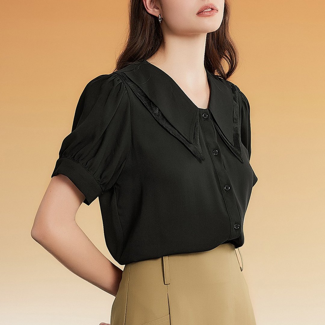 OUWEY欧薇 酷甜风双层异材质大领片雪纺上衣(黑色)3232431508 - 女装上衣 - 聚酯纤维 
