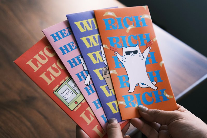 厌世猫 RICH WISH HEALTH LUCK 长款利是封 - 红包/春联 - 纸 红色