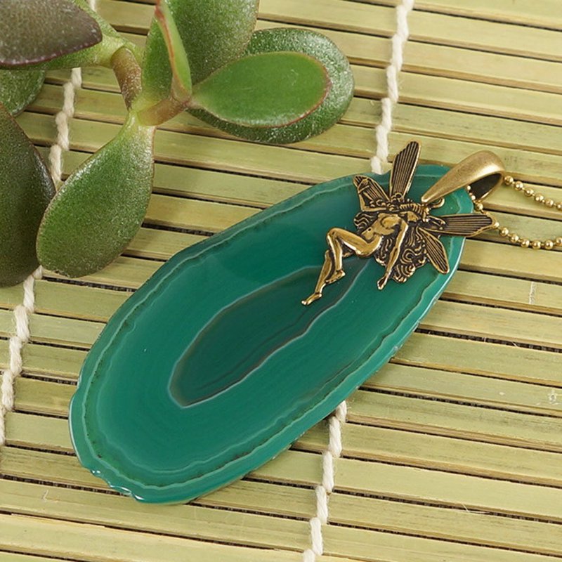 Green Agate Slice Slab Necklace Emerald Green Stone Brass Fairy Necklace Jewelry - 项链 - 半宝石 绿色