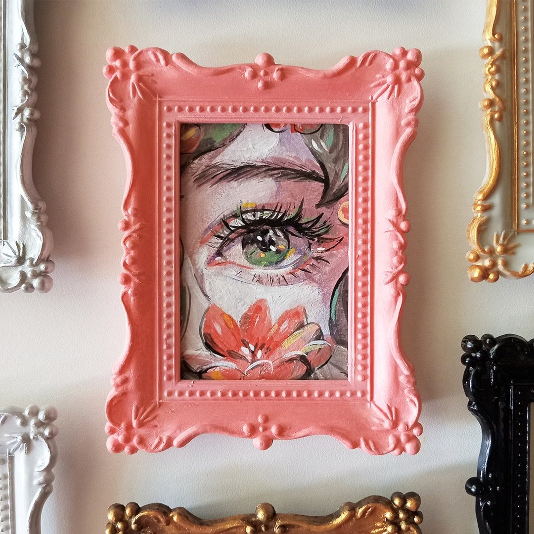画框里有一朵花的女人眼睛的原画丙烯微型画 - 画框/相框 - 压克力 粉红色