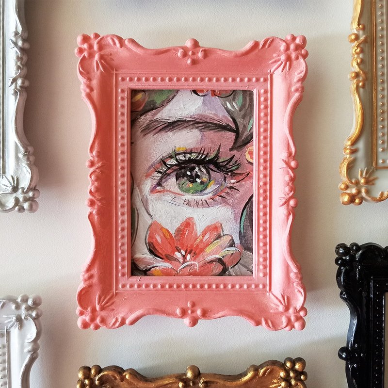 画框里有一朵花的女人眼睛的原画丙烯微型画 - 画框/相框 - 压克力 粉红色
