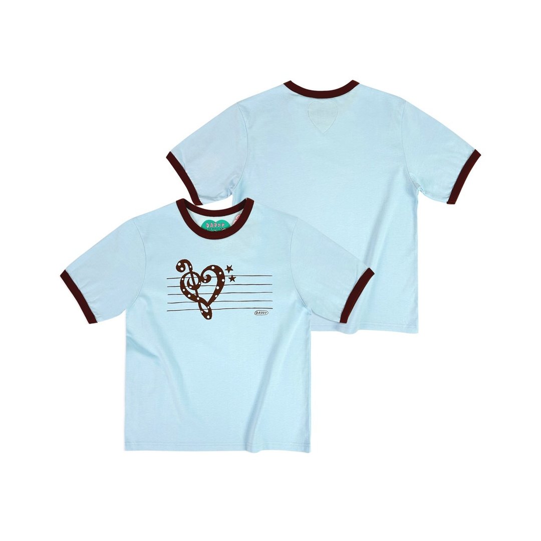 DADDY | Music Heart Boxy Ringer Tee 绝美蓝色 T 恤 - 女装 T 恤 - 其他材质 