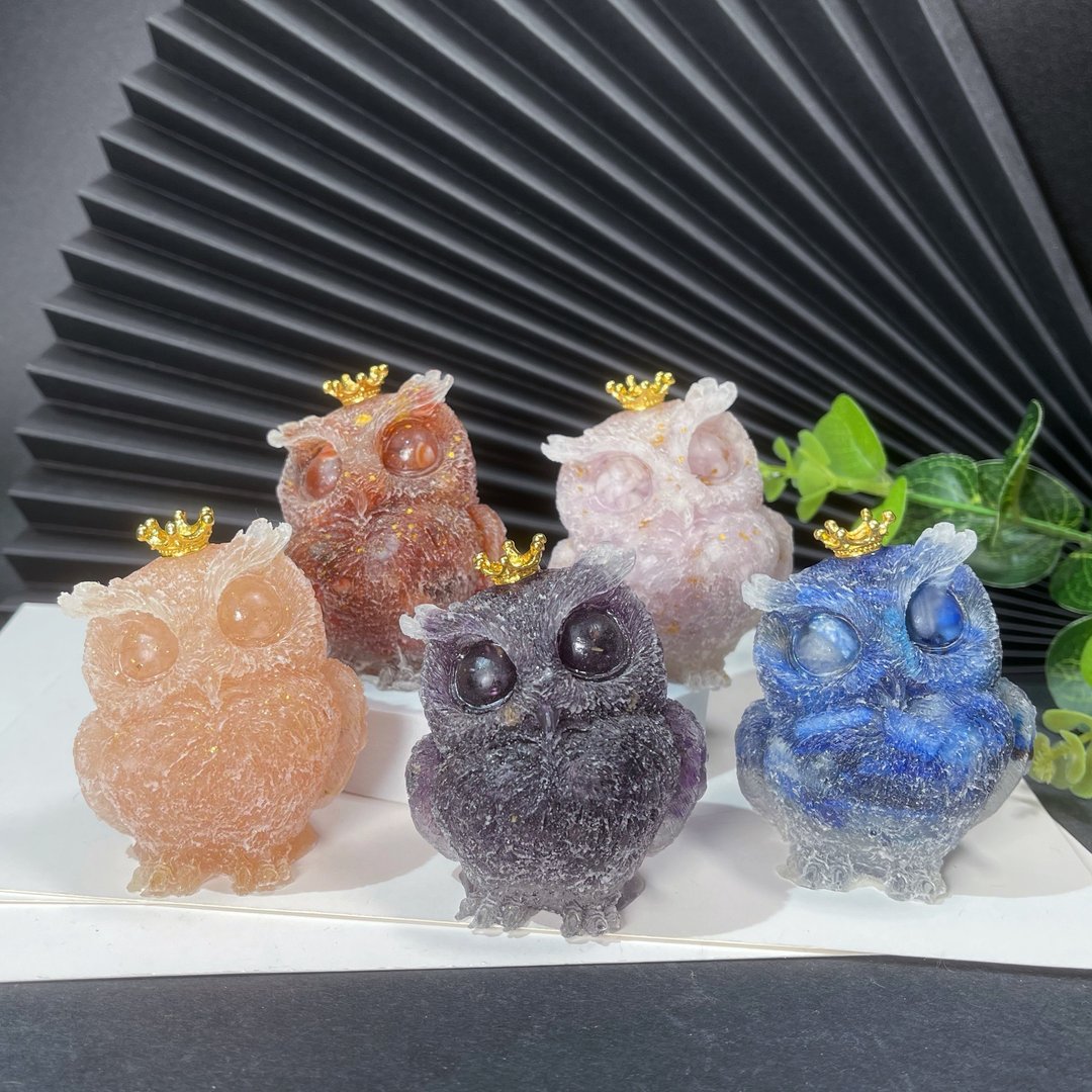 水晶原石装饰滴胶猫头鹰摆件 紫水晶 紫锂辉 蓝晶石 粉晶 玛瑙 - 摆饰 - 水晶 