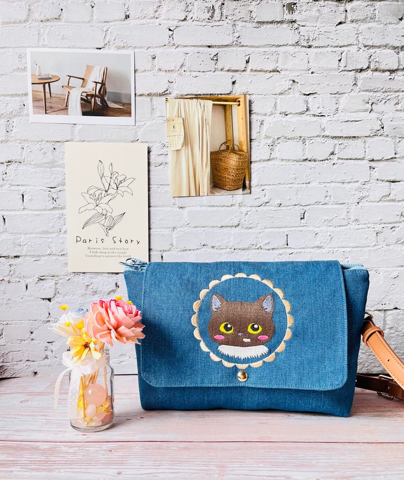乐福手作-定制三层包 猫宝贝 - 侧背包/斜挎包 - 棉．麻 蓝色