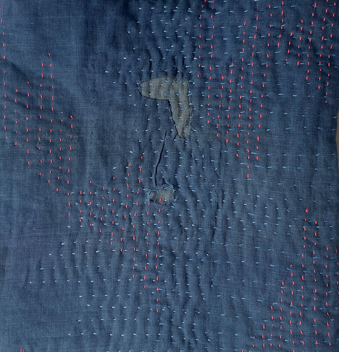 日本制造 蓝染线 刺子 蓝染古布使用 Japanblue sashiko 托特包 棉质托特包 内衬亚麻 - 手提包/手提袋 - 棉 蓝色