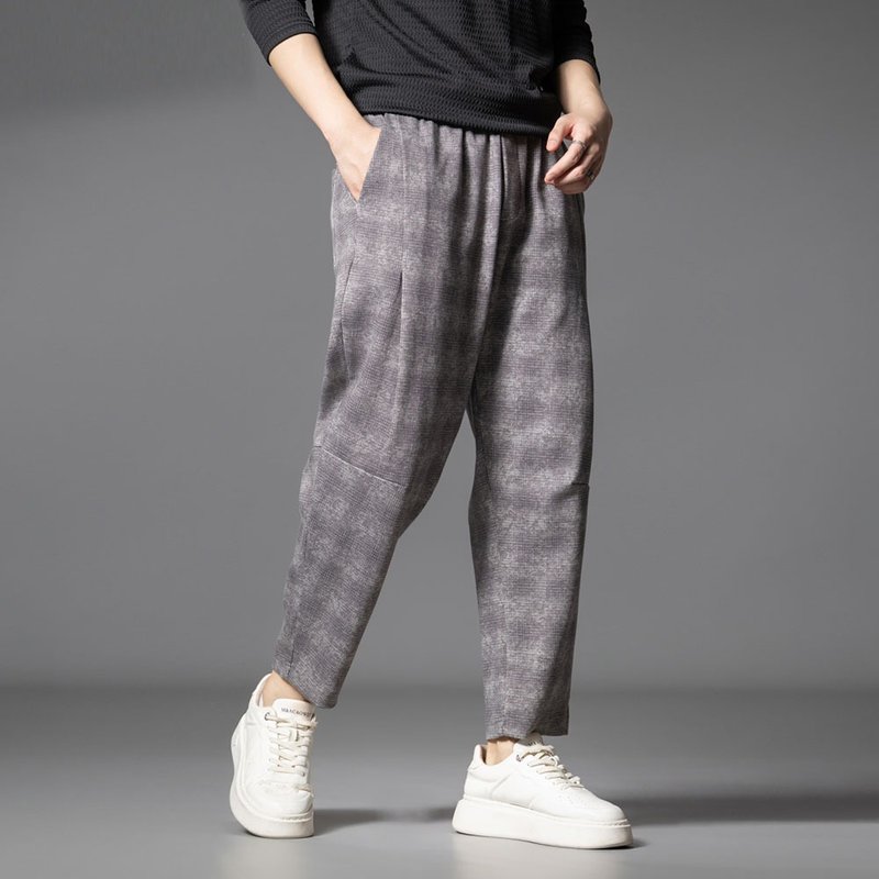 秋季复古直筒格子裤子  男士休闲九分裤 - 男士长裤 - 棉．麻 咖啡色