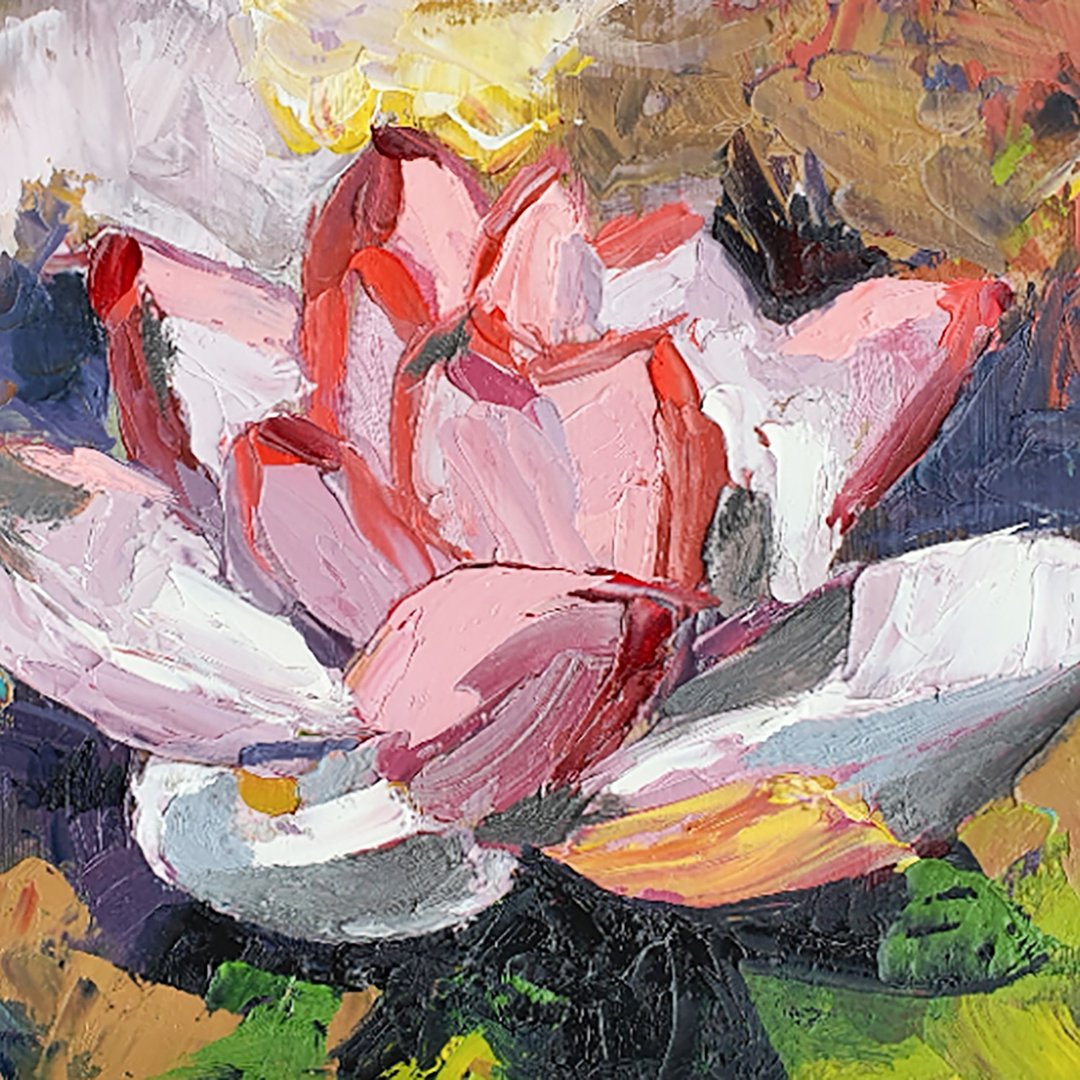 Water Lilie Painting Flower Original Art Lotus Floral Artwork Kuwshinka Wall Art - 海报/装饰画/版画 - 其他材质 粉红色